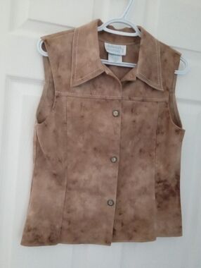 Deborah Murray Sleeveless Suede Button Front Vest - Tan Brown